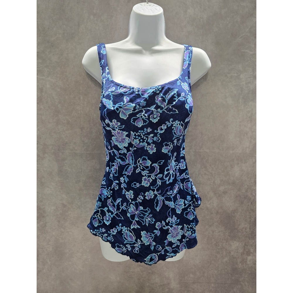 Maxine of Hollywood Blue Floral One Piece Swimsuit Beach Vacation Large